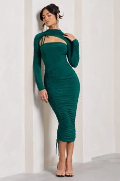 Eveline | Bottle Green Ruched High-Neck Long-Sleeved Bodycon Midi Dress -ENY Clothing Shop WB CL128902047 Eveline BottleGreenRuchedHigh NeckLong SleevedBodyconMidiDress1