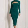 Eveline | Bottle Green Ruched High-Neck Long-Sleeved Bodycon Midi Dress -ENY Clothing Shop WB CL128902047 Eveline BottleGreenRuchedHigh NeckLong SleevedBodyconMidiDress2