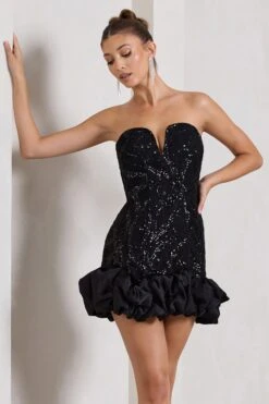Nadia | Black Sequin Strapless Mini Dress With Ruffle Trim 11 Nadia | Black Sequin Strapless Mini Dress With Ruffle Trim -ENY Clothing Shop WB CL128916002 NadiaBlackSequinStraplessMiniDressWithRuffleTrim1