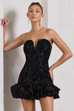 Nadia | Black Sequin Strapless Mini Dress With Ruffle Trim 10 Nadia | Black Sequin Strapless Mini Dress With Ruffle Trim -ENY Clothing Shop WB CL128916002 NadiaBlackSequinStraplessMiniDressWithRuffleTrim4