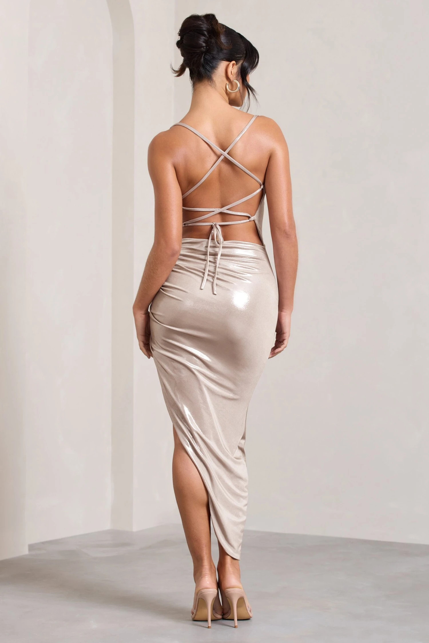 Risk It All | Gold Metallic Cami Cowl Neck Asymmetric Hem Midi Dress 4 Risk It All | Gold Metallic Cami Cowl Neck Asymmetric Hem Midi Dress - Image 2