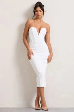 Hailey | White Strapless Sweetheart Corset Midi Dress -ENY Clothing Shop WB CL128928005 HaileyWhiteStraplessSweetheartCorsetMidiDress3
