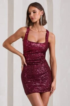Glimmer | Plum Sequin Open-Back Bodycon Mini Dress -ENY Clothing Shop WB CL128929163 GlimmerPlumSequinOpen BackBodyconMiniDress4