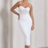 Inviting | White Ruched Corset Midi Dress -ENY Clothing Shop WB CL128933005 InvitingWhiteRuchedMidiDress0