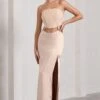 Champagne Showers | Nude Satin Strapless Split Maxi Dress