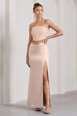 Champagne Showers | Nude Satin Strapless Split Maxi Dress -ENY Clothing Shop WB CL128940030 ChampagneShowersNudeSatinStraplessSplitMaxiDress1