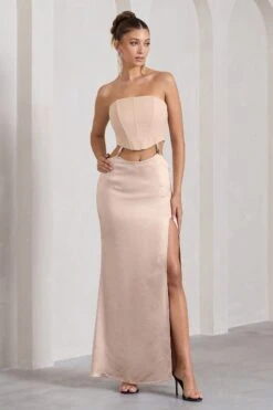 Champagne Showers | Nude Satin Strapless Split Maxi Dress -ENY Clothing Shop WB CL128940030 ChampagneShowersNudeSatinStraplessSplitMaxiDress4