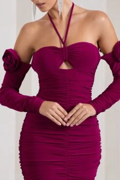 Extra Special | Dark Cherry Ruched Halter-Neck Midi Dress With Flowers -ENY Clothing Shop WB CL128945164 ExtraSpecialDarkCherryRuchedHalter NeckMidiDressWithFlowers7