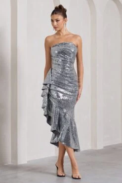 New World | Silver Sequin Strapless Maxi Dress With Ruffles 13 New World | Silver Sequin Strapless Maxi Dress With Ruffles -ENY Clothing Shop WB CL128957013 NewWorldSilverSequinStraplessMaxiDressWithRuffles0