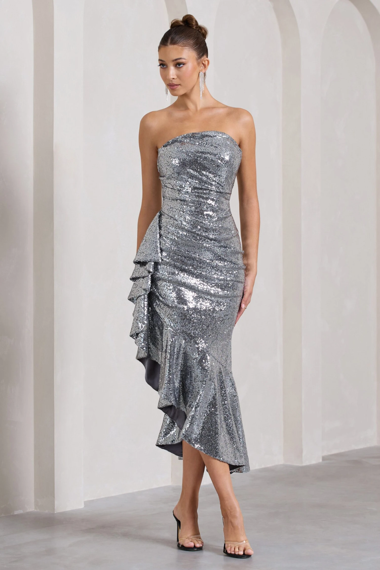 New World | Silver Sequin Strapless Maxi Dress With Ruffles 8 New World | Silver Sequin Strapless Maxi Dress With Ruffles - Image 6
