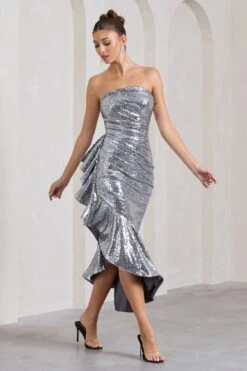 New World | Silver Sequin Strapless Maxi Dress With Ruffles 10 New World | Silver Sequin Strapless Maxi Dress With Ruffles -ENY Clothing Shop WB CL128957013 NewWorldSilverSequinStraplessMaxiDressWithRuffles4