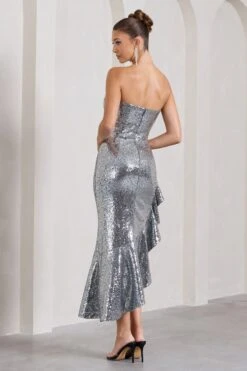 New World | Silver Sequin Strapless Maxi Dress With Ruffles 11 New World | Silver Sequin Strapless Maxi Dress With Ruffles -ENY Clothing Shop WB CL128957013 NewWorldSilverSequinStraplessMaxiDressWithRuffles6