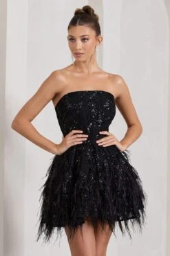 Little Wish | Black Sequin Lace Strapless Mini Dress With Feathers -ENY Clothing Shop WB CL128966002 LittleWishBlackSequinLaceStraplessMiniDressWithFeathers4 2e5d7479 dbba 46cd b427 77aaae513991