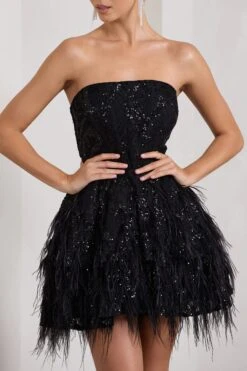 Little Wish | Black Sequin Lace Strapless Mini Dress With Feathers -ENY Clothing Shop WB CL128966002 LittleWishBlackSequinLaceStraplessMiniDressWithFeathers5