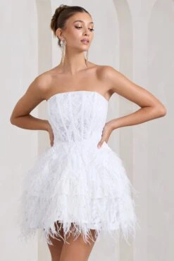 Little Wish | White Sequin Lace Strapless Mini Dress With Feathers 11 Little Wish | White Sequin Lace Strapless Mini Dress With Feathers -ENY Clothing Shop WB CL128966005 LittleWishWhiteSequinLaceStraplessMiniDressWithFeathers2