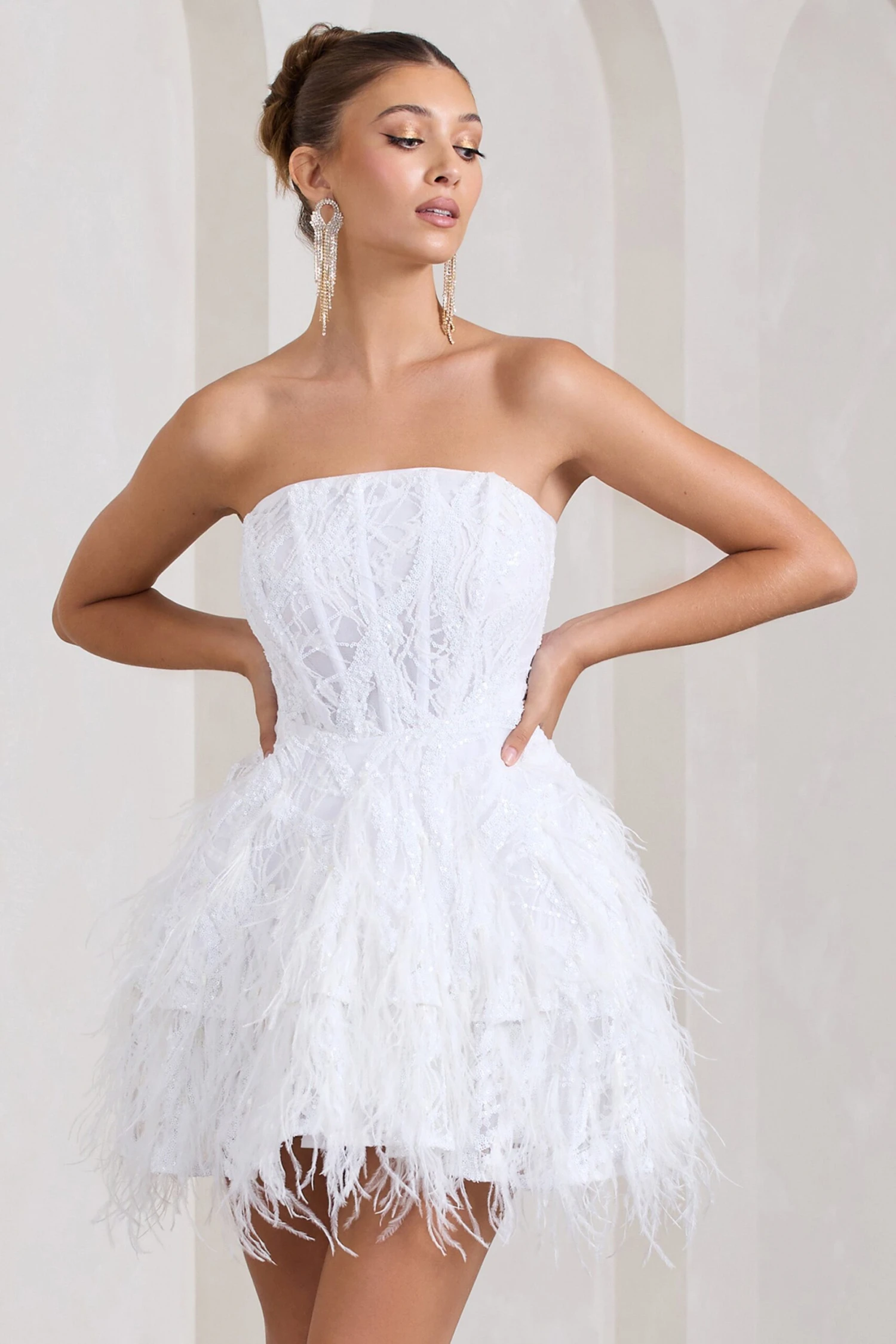Little Wish | White Sequin Lace Strapless Mini Dress With Feathers 7 Little Wish | White Sequin Lace Strapless Mini Dress With Feathers - Image 5
