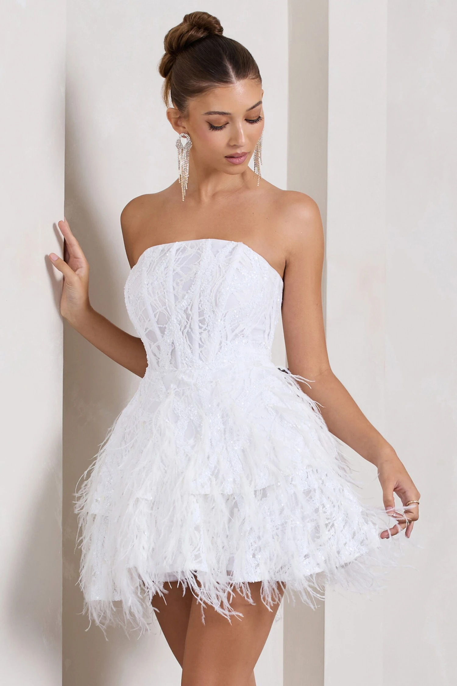Little Wish | White Sequin Lace Strapless Mini Dress With Feathers 5 Little Wish | White Sequin Lace Strapless Mini Dress With Feathers - Image 3