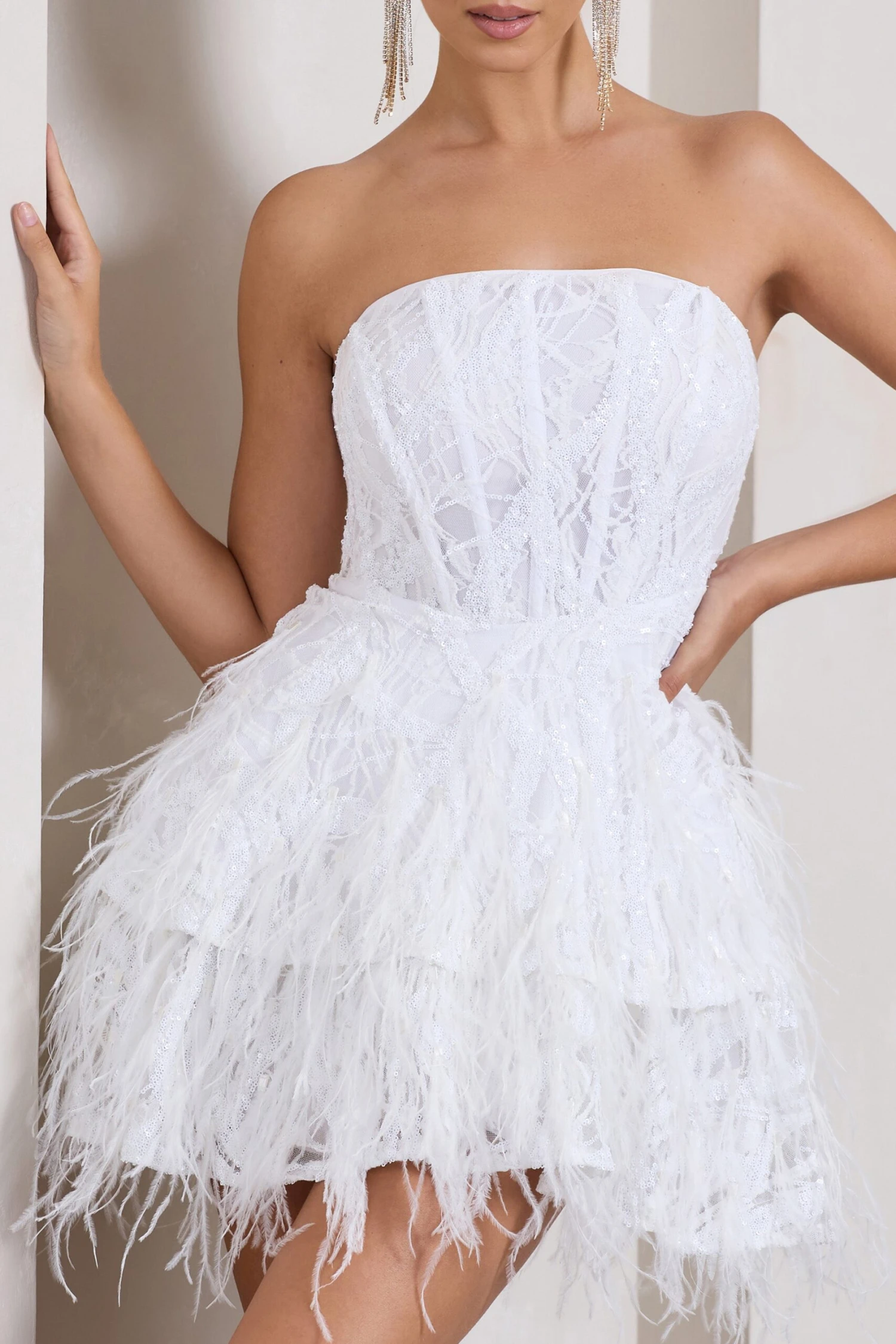 Little Wish | White Sequin Lace Strapless Mini Dress With Feathers 6 Little Wish | White Sequin Lace Strapless Mini Dress With Feathers - Image 4