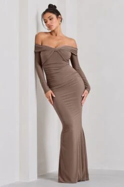 Alex | Mocha Bardot Twist Maxi Dress -ENY Clothing Shop WB CL128974038 AlexMochaBardotTwistMaxiDress0