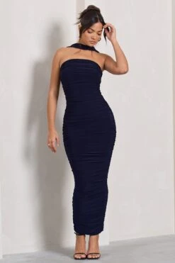 Entranced | Navy Ruched Bandeau Maxi Dress With Halter Collar -ENY Clothing Shop WB CL128983015 Entranced NavyRuchedBandeauMidiDressWithHalterCollar4