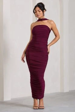 Entranced | Burgundy Ruched Bandeau Maxi Dress With Halter Collar -ENY Clothing Shop WB CL128983069 Entranced BurgundyRuchedBandeauMidiDressWithHalterCollar2