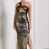 Shimmer | Gold Metallic Asymmetric Maxi Dress With Knotted Strap