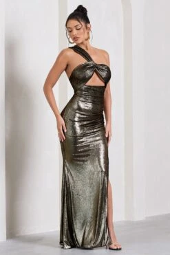 Shimmer | Gold Metallic Asymmetric Maxi Dress With Knotted Strap -ENY Clothing Shop WB CL128992007 ShimmerGoldMetallicAsymmetricMaxiDressWithKnottedStrap4