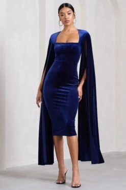 Flawless | Navy Velvet Square Neck Midi Dress With Cape Sleeves -ENY Clothing Shop WB CL128999015 FlawlessNavyVelvetSquareNeckMidiDressWithCapeSleeves2