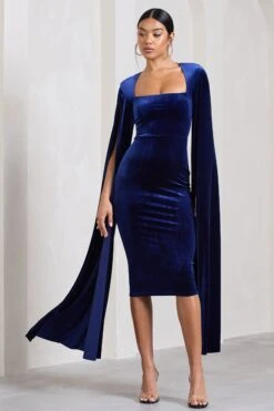 Flawless | Navy Velvet Square Neck Midi Dress With Cape Sleeves -ENY Clothing Shop WB CL128999015 FlawlessNavyVelvetSquareNeckMidiDressWithCapeSleeves3