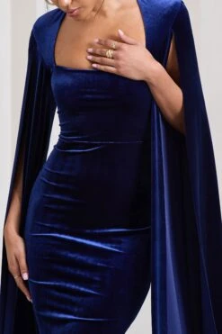 Flawless | Navy Velvet Square Neck Midi Dress With Cape Sleeves -ENY Clothing Shop WB CL128999015 FlawlessNavyVelvetSquareNeckMidiDressWithCapeSleeves4
