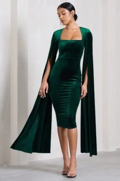 Flawless | Bottle Green Velvet Square Neck Midi Dress With Cape Sleeves -ENY Clothing Shop WB CL128999047 FlawlessBottleGreenVelvetSquareNeckMidiDressWithCapeSleeves1