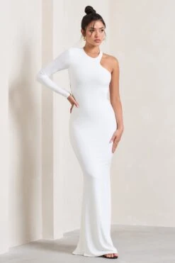Tyra | White Asymmetric Neck Cut Out Maxi Dress With Open Back Detail -ENY Clothing Shop WB CL129001005 TyraWhiteAsymmetricNeckCutOutMaxiDressWithOpenBackDetail1