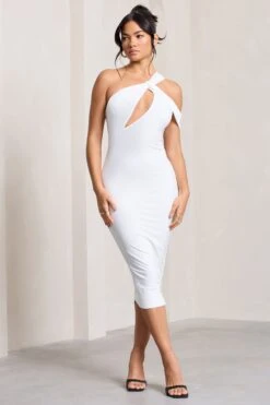 Ella | White Asymmetric Neck Cut Out Midi Dress -ENY Clothing Shop WB CL129002005 Ella WhiteAsymmetricNeckCutOutMidiDress1