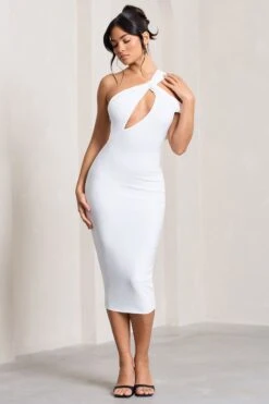 Ella | White Asymmetric Neck Cut Out Midi Dress -ENY Clothing Shop WB CL129002005 Ella WhiteAsymmetricNeckCutOutMidiDress2