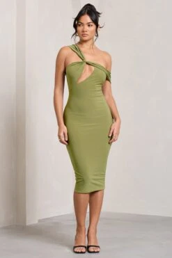 Ella | Olive Asymmetric Neck Cut Out Midi Dress -ENY Clothing Shop WB CL129002113 Ella OliveAsymmetricNeckCutOutMidiDress1
