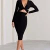 Julieta | Black Plunge Neck Long Sleeve Ruched Midi Dress With Cut Out Detail -ENY Clothing Shop WB CL129022 JulietaBlackPlungeNeckLongSleeveRuchedMidiDressWithCutOutDetail3 8c6e2082 ab58 436d 942d 41cb7205208d