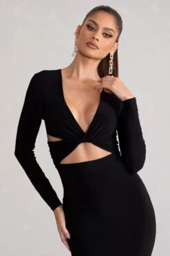 Julieta | Black Plunge Neck Long Sleeve Ruched Midi Dress With Cut Out Detail -ENY Clothing Shop WB CL129022 JulietaBlackPlungeNeckLongSleeveRuchedMidiDressWithCutOutDetail4