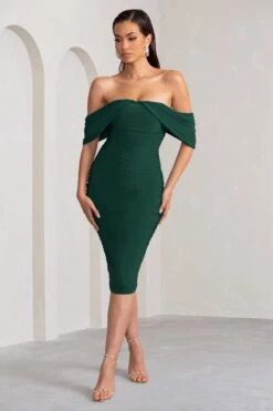 Love Me | Bottle Green Off The Shoulders Ruched Midi Dress -ENY Clothing Shop WB CL129028 LoveMeBottleGreenOffTheShouldersRuchedMidiDress2