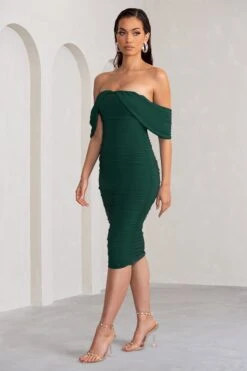 Love Me | Bottle Green Off The Shoulders Ruched Midi Dress -ENY Clothing Shop WB CL129028 LoveMeBottleGreenOffTheShouldersRuchedMidiDress3