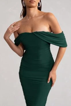 Love Me | Bottle Green Off The Shoulders Ruched Midi Dress -ENY Clothing Shop WB CL129028 LoveMeBottleGreenOffTheShouldersRuchedMidiDress4