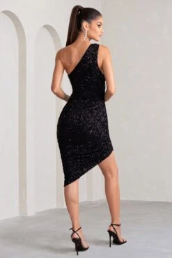 Friya | Black Sequin Asymmetrical One Shoulder Ruched Midi Dress -ENY Clothing Shop WB CL129036 FriyaBlackSequinAsymmetricalOneShoulderRuchedMidiDress4 443a67ab 01ff 412a b10c 0a5c3ec15473