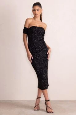 Aeris | Black Sequin Bardot Ruched Draped Midi Dress -ENY Clothing Shop WB CL129043 AerisBlackSequinBardotRuchedDrapedMidiDress1 1608ede7 7380 4510 8b40 4adf1558290e