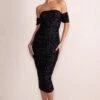 Aeris | Black Sequin Bardot Ruched Draped Midi Dress -ENY Clothing Shop WB CL129043 AerisBlackSequinBardotRuchedDrapedMidiDress2 be9577db 9a78 4b05 b486 de9544cd535b
