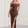 Anisa | Chocolate Brown Layered Halter Neck Bardot Maxi Dress With Thigh Split