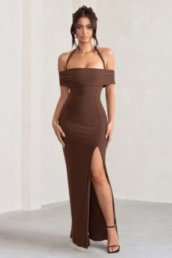 Anisa | Chocolate Brown Layered Halter Neck Bardot Maxi Dress With Thigh Split -ENY Clothing Shop WB CL129055 AnisaChocolateBrownLayeredHalterNeckBardotMaxiDressWithThighSplit3