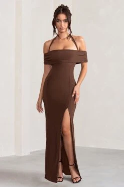 Anisa | Chocolate Brown Layered Halter Neck Bardot Maxi Dress With Thigh Split -ENY Clothing Shop WB CL129055 AnisaChocolateBrownLayeredHalterNeckBardotMaxiDressWithThighSplit4