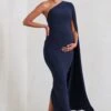 Amaryllis | Navy Maternity One Shoulder Maxi Dress With Cape Sleeve -ENY Clothing Shop WB CL129202 AmaryllisNavyMaternityOneShoulderMaxiDresswithCapeSleeve0