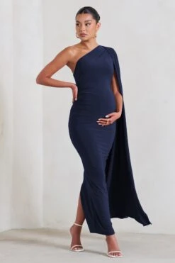 Amaryllis | Navy Maternity One Shoulder Maxi Dress With Cape Sleeve
