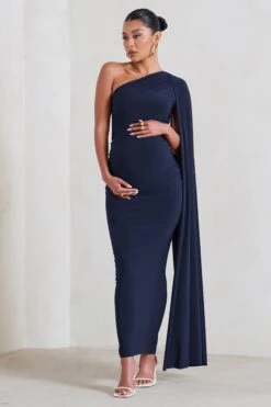 Amaryllis | Navy Maternity One Shoulder Maxi Dress With Cape Sleeve -ENY Clothing Shop WB CL129202 AmaryllisNavyMaternityOneShoulderMaxiDresswithCapeSleeve3