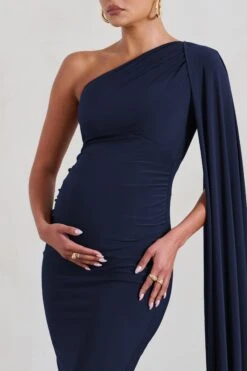 Amaryllis | Navy Maternity One Shoulder Maxi Dress With Cape Sleeve -ENY Clothing Shop WB CL129202 AmaryllisNavyMaternityOneShoulderMaxiDresswithCapeSleeve5
